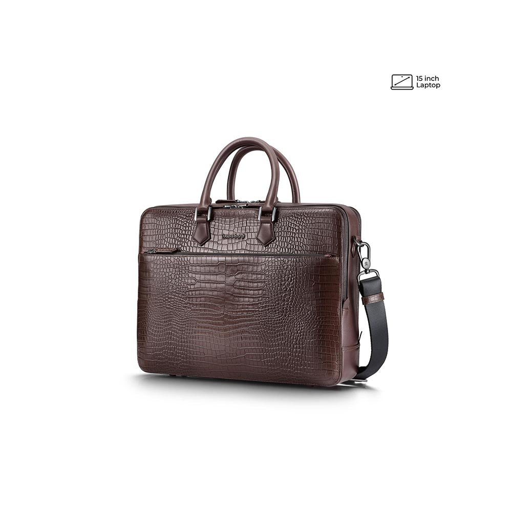 Lapis Bard Dark Brown Mandeville 15-Inch Croc-Textured Laptop Bag with Detachable Strap