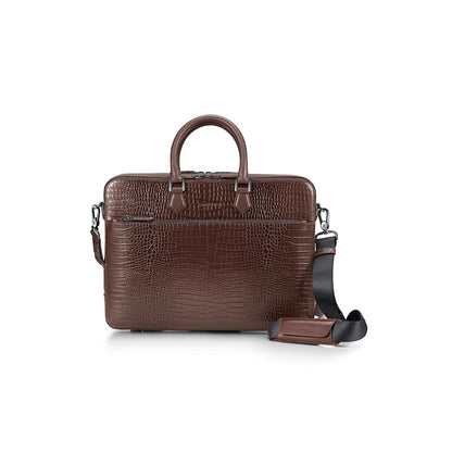 Lapis Bard Dark Brown Mandeville 15-Inch Croc-Textured Laptop Bag with Detachable Strap