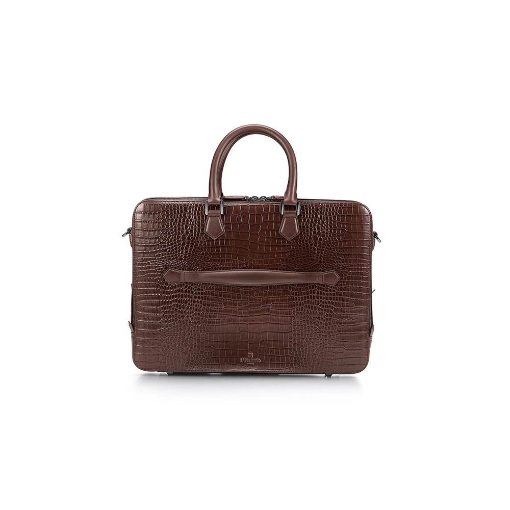 Lapis Bard Dark Brown Mandeville 15-Inch Croc-Textured Laptop Bag with Detachable Strap