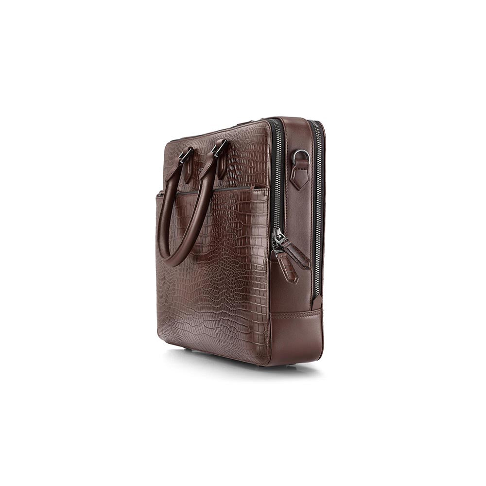 Lapis Bard Dark Brown Mandeville 15-Inch Croc-Textured Laptop Bag with Detachable Strap
