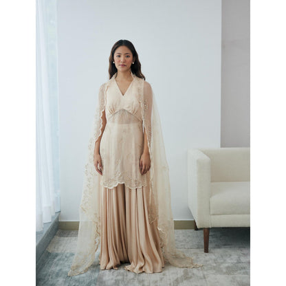 Lavanya Ahuja Pearled Sand Kurta and Sharara with Dupatta (Set of 3)