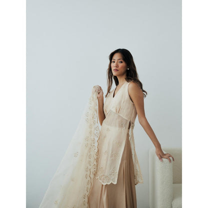 Lavanya Ahuja Pearled Sand Kurta and Sharara with Dupatta (Set of 3)