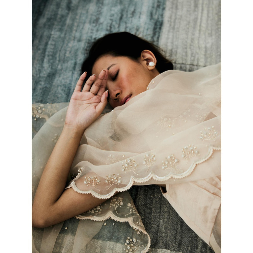 Lavanya Ahuja Pearled Sand Kurta and Sharara with Dupatta (Set of 3)