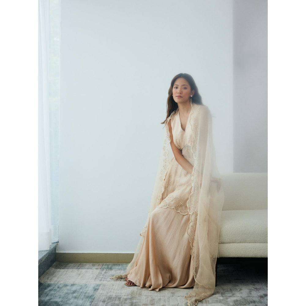 Lavanya Ahuja Pearled Sand Kurta and Sharara with Dupatta (Set of 3)