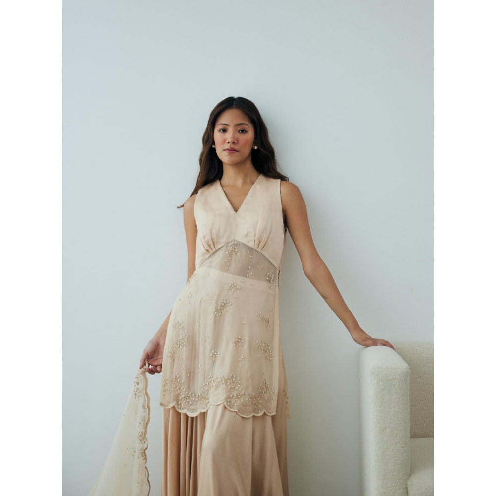 Lavanya Ahuja Pearled Sand Kurta and Sharara with Dupatta (Set of 3)