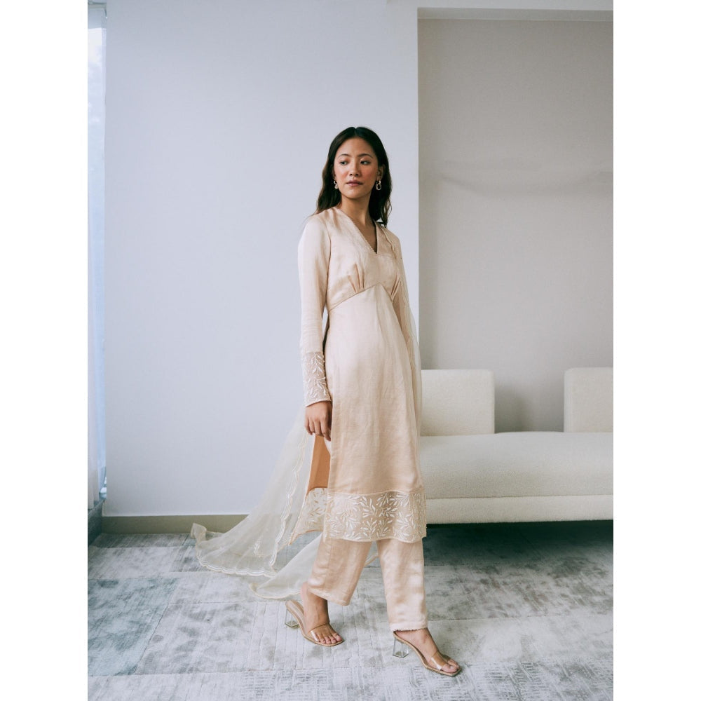 Lavanya Ahuja Pearled Sand Kurta and Pant with Dupatta (Set of 3)