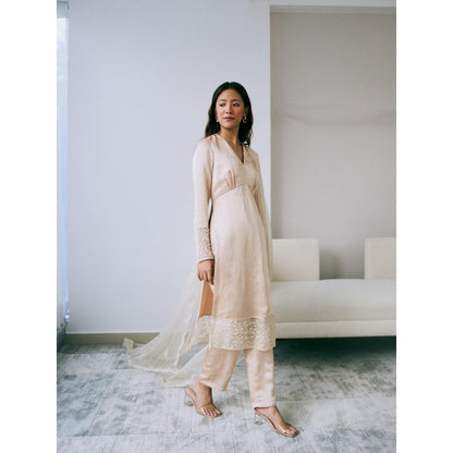 Lavanya Ahuja Pearled Sand Kurta and Pant with Dupatta (Set of 3)