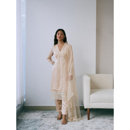 Lavanya Ahuja Pearled Sand Kurta and Pant with Dupatta (Set of 3)