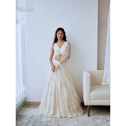 Lavanya Ahuja Ivory Organza Babys Breath Lehenga with Blouse and Dupatta (Set of 3)