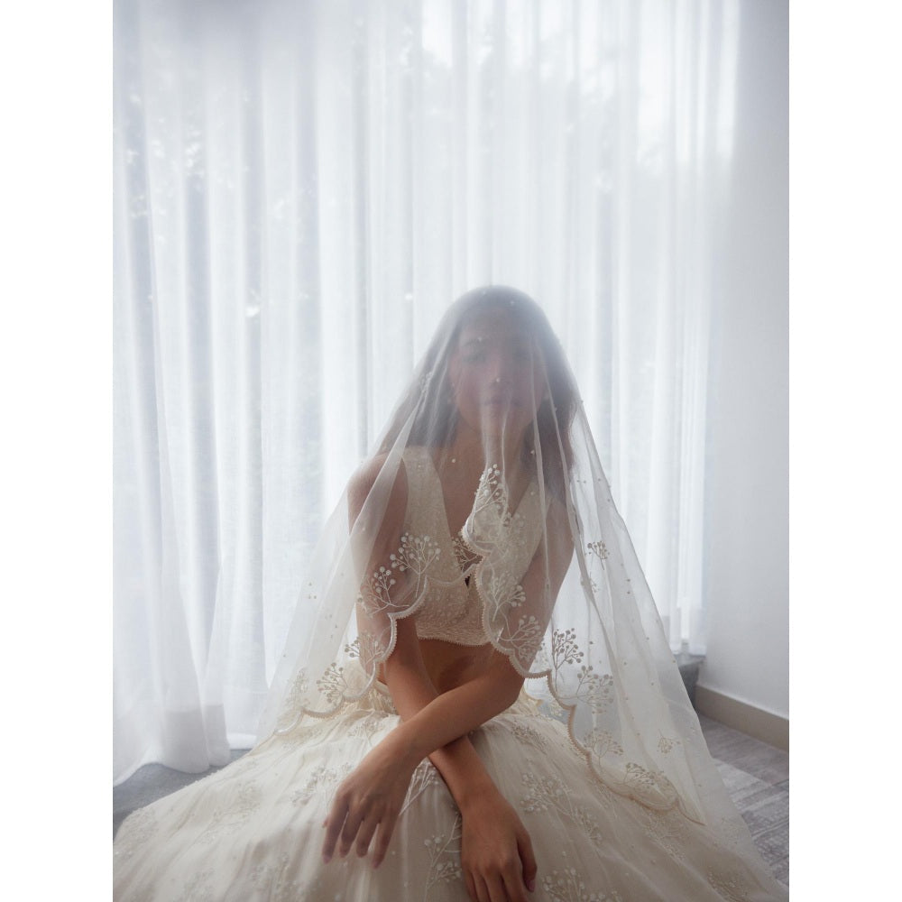 Lavanya Ahuja Ivory Organza Babys Breath Lehenga with Blouse and Dupatta (Set of 3)