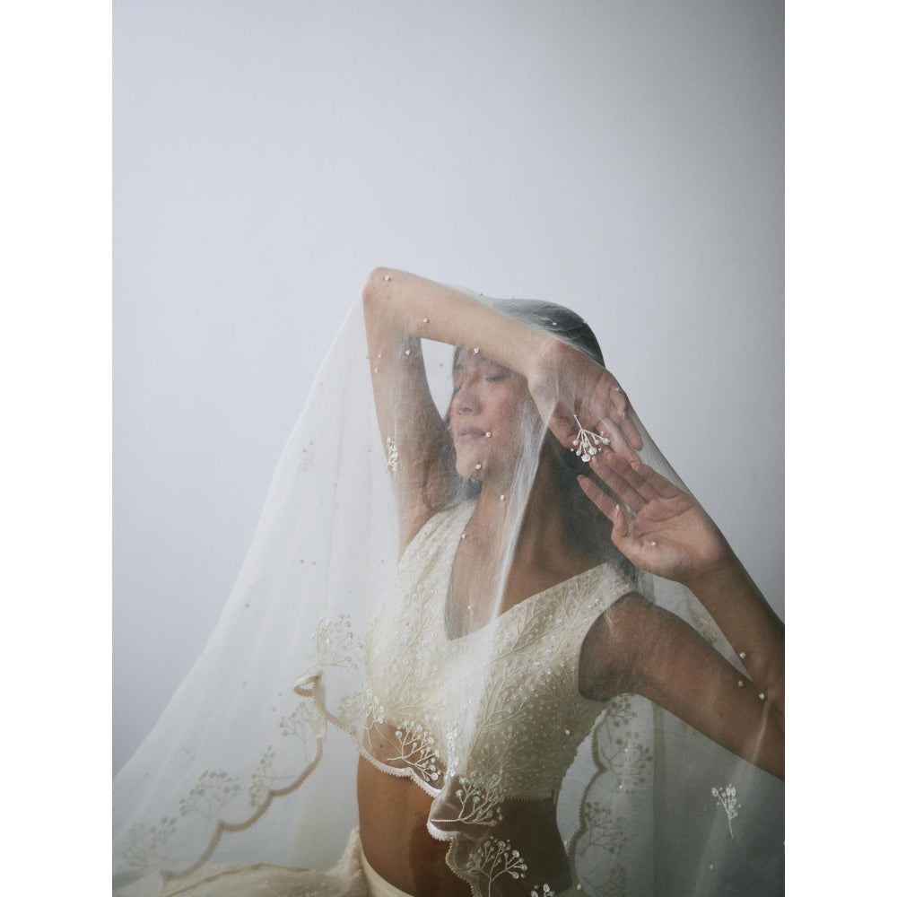 Lavanya Ahuja Ivory Organza Babys Breath Lehenga with Blouse and Dupatta (Set of 3)