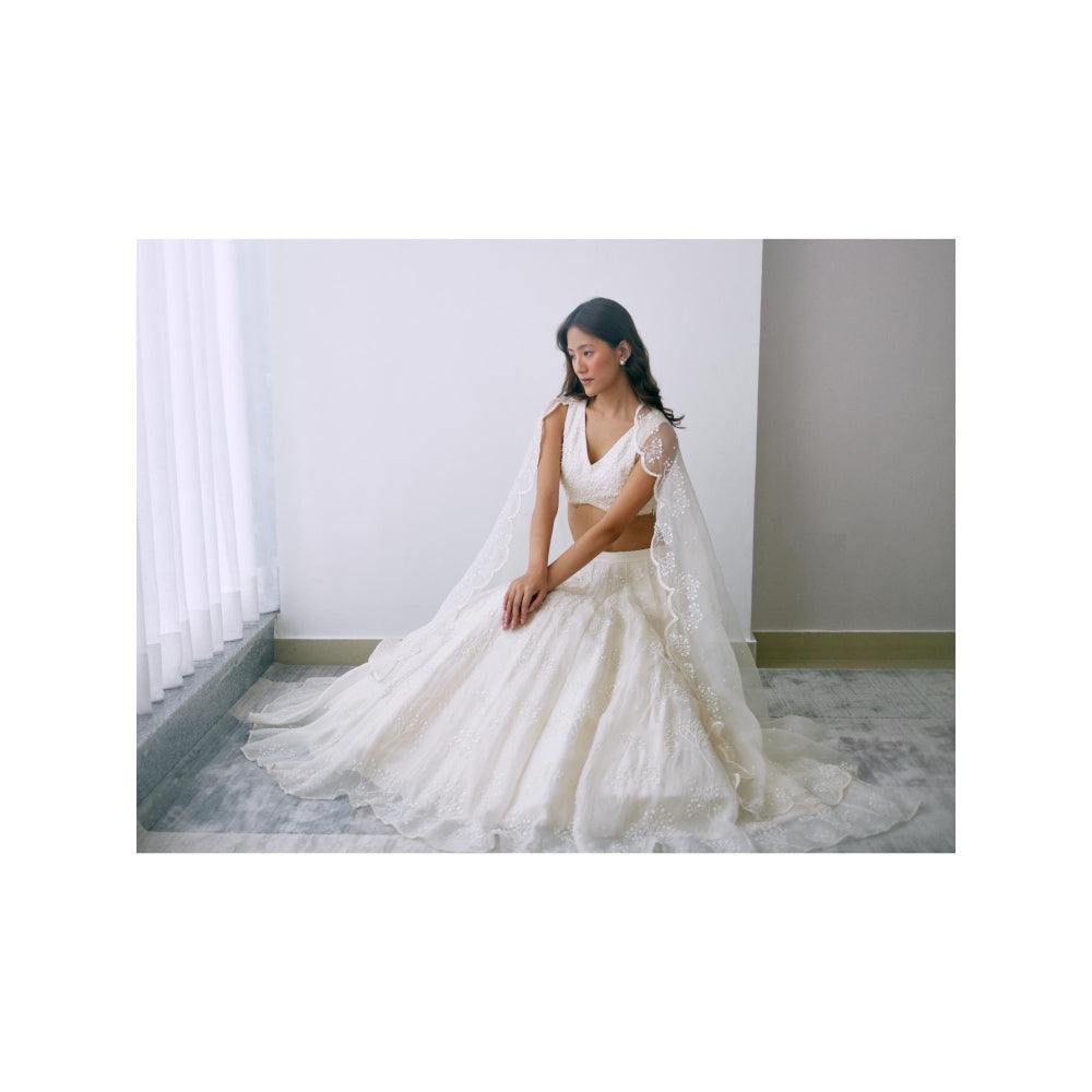 Lavanya Ahuja Ivory Organza Babys Breath Lehenga with Blouse and Dupatta (Set of 3)