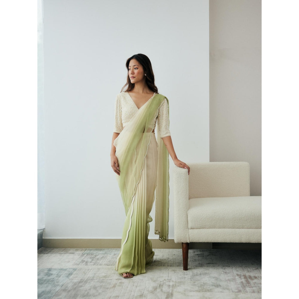 Lavanya Ahuja Ivory and Green Ombre Pre-Draped Saree with Stitched Blouse