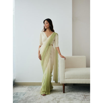 Lavanya Ahuja Ivory and Green Ombre Pre-Draped Saree with Stitched Blouse