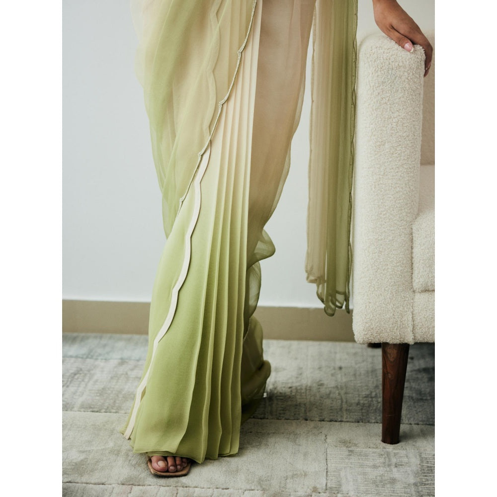 Lavanya Ahuja Ivory and Green Ombre Pre-Draped Saree with Stitched Blouse