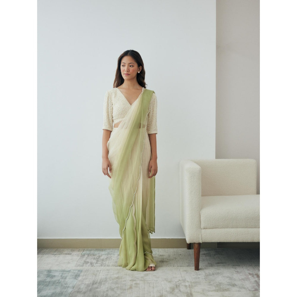 Lavanya Ahuja Ivory and Green Ombre Pre-Draped Saree with Stitched Blouse