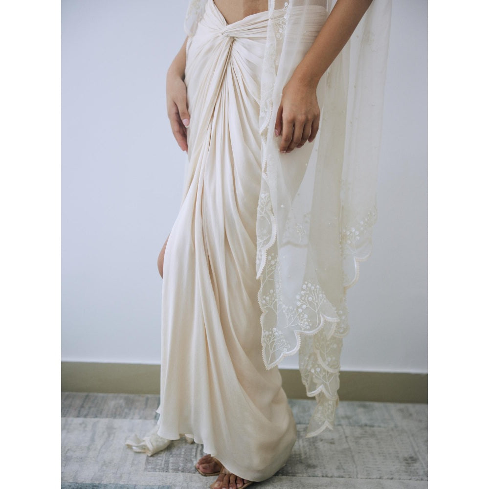 Lavanya Ahuja Ivory Draped Skirt with Blouse and Cape (Set of 3)