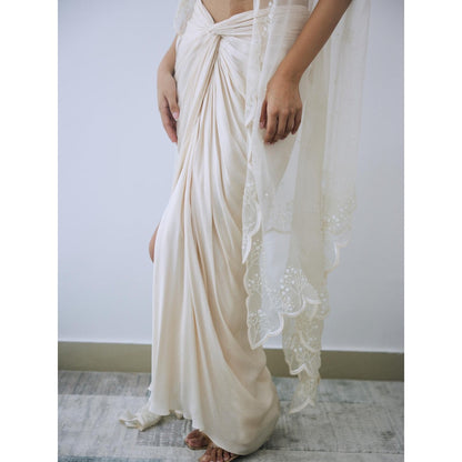 Lavanya Ahuja Ivory Draped Skirt with Blouse and Cape (Set of 3)