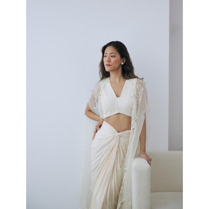 Lavanya Ahuja Ivory Draped Skirt with Blouse and Cape (Set of 3)