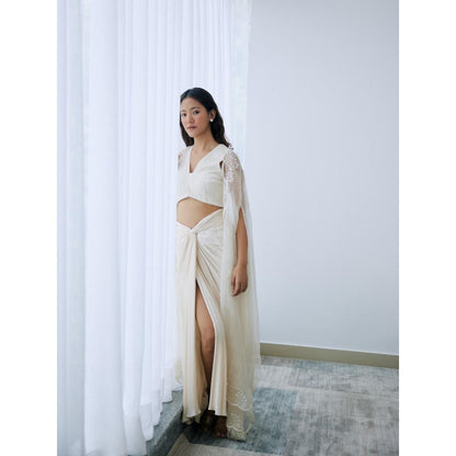 Lavanya Ahuja Ivory Draped Skirt with Blouse and Cape (Set of 3)