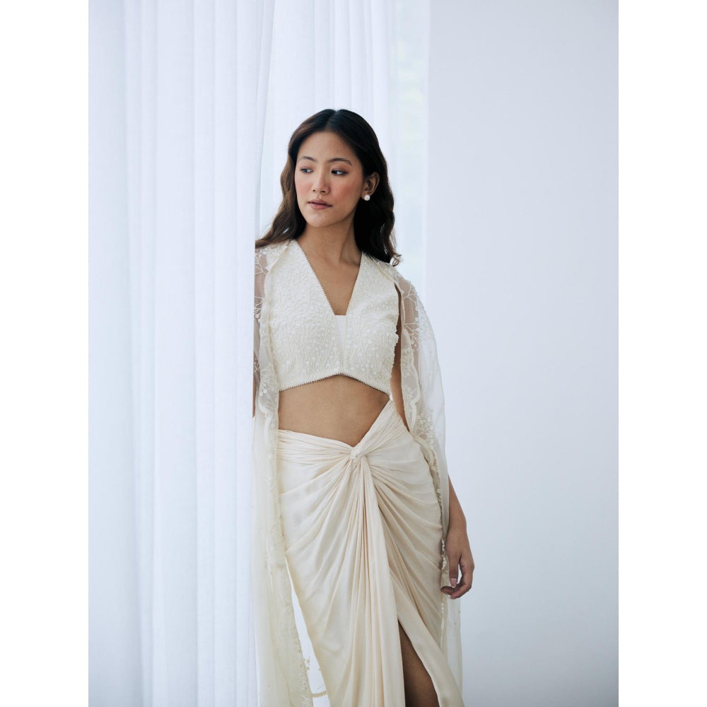 Lavanya Ahuja Ivory Draped Skirt with Blouse and Cape (Set of 3)
