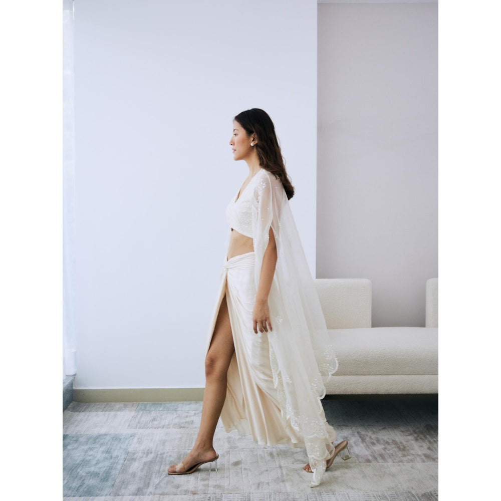 Lavanya Ahuja Ivory Draped Skirt with Blouse and Cape (Set of 3)