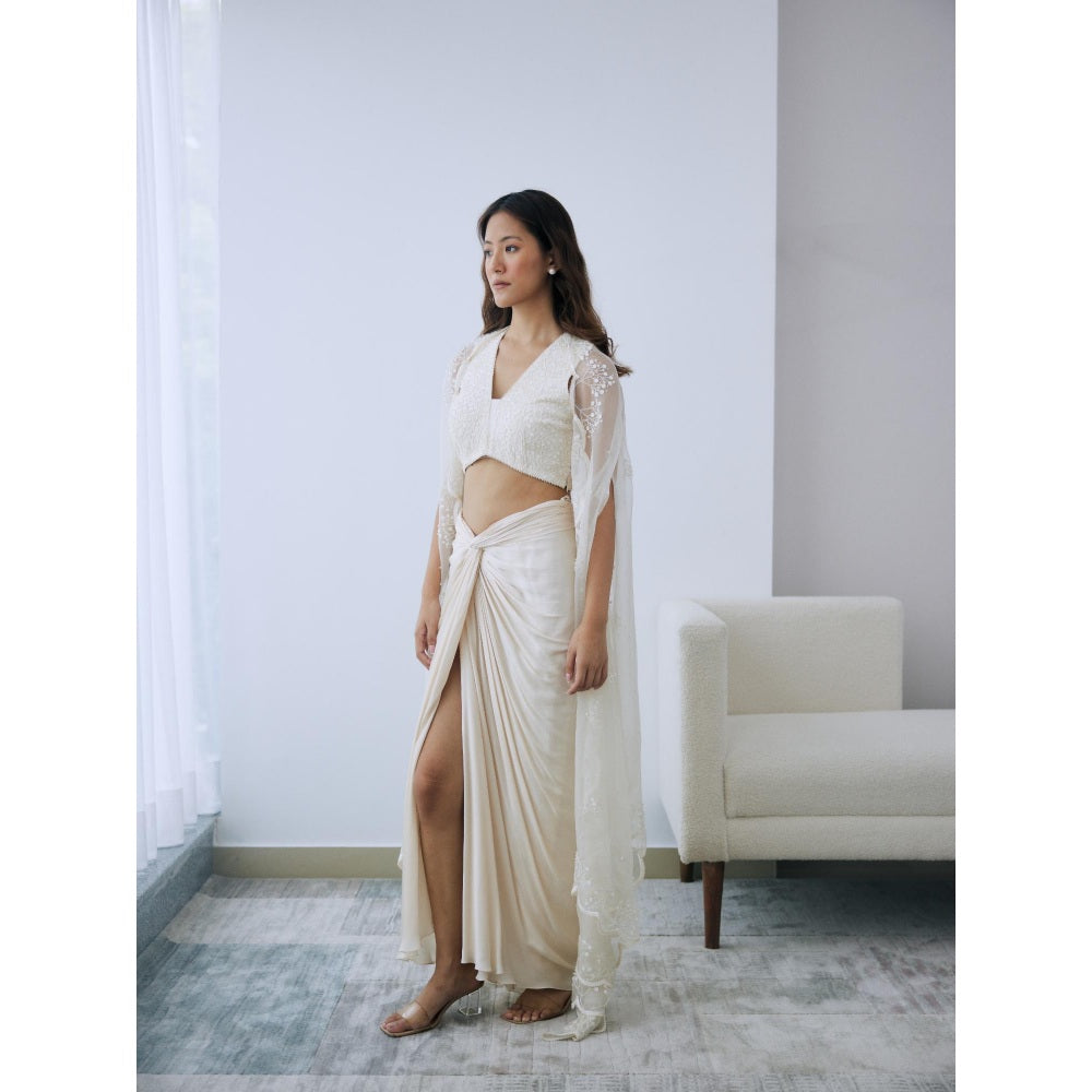 Lavanya Ahuja Ivory Draped Skirt with Blouse and Cape (Set of 3)