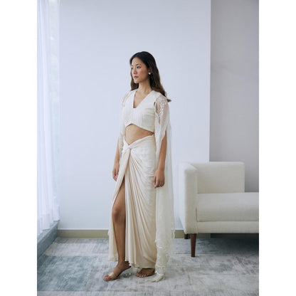 Lavanya Ahuja Ivory Draped Skirt with Blouse and Cape (Set of 3)