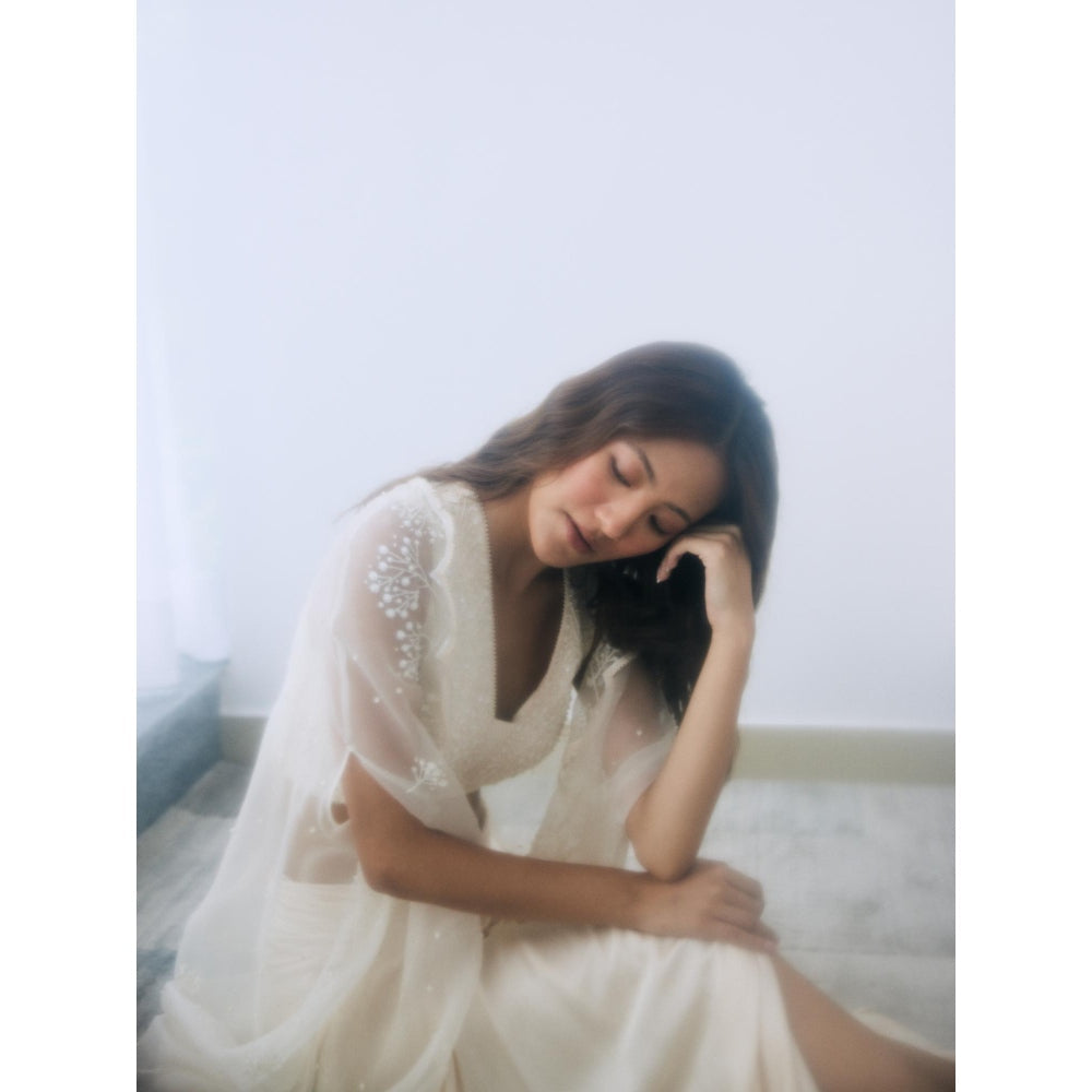 Lavanya Ahuja Ivory Draped Skirt with Blouse and Cape (Set of 3)