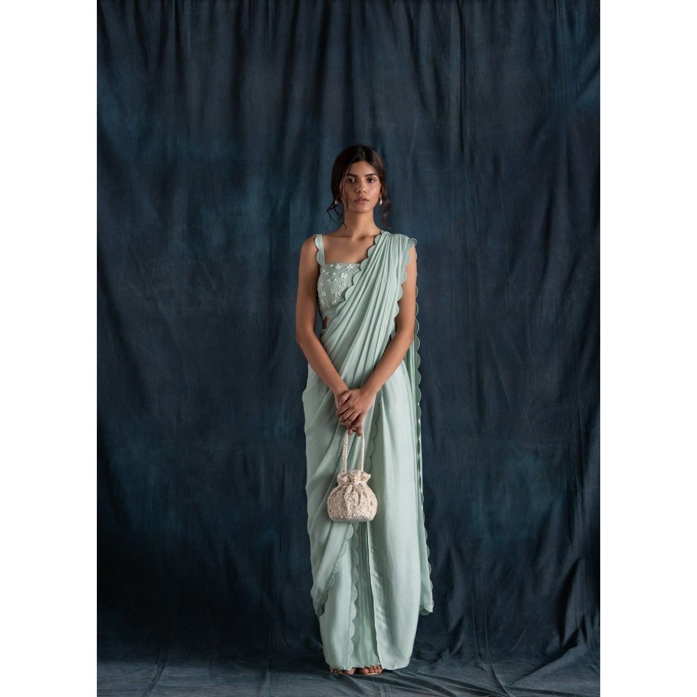 Lavanya Ahuja Scallop Detail Pre-Draped Saree & Petticoat with Stitched Blouse (Set of 3)