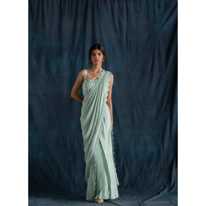 Lavanya Ahuja Scallop Detail Pre-Draped Saree & Petticoat with Stitched Blouse (Set of 3)