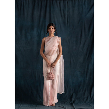 Lavanya Ahuja Ivory Ombre Pre-Draped Saree & Petticoat with Stitched Blouse (Set of 3)
