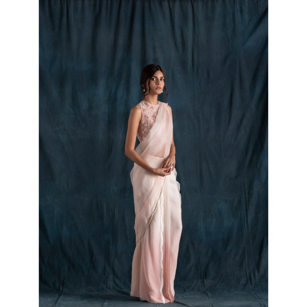 Lavanya Ahuja Ivory Ombre Pre-Draped Saree & Petticoat with Stitched Blouse (Set of 3)