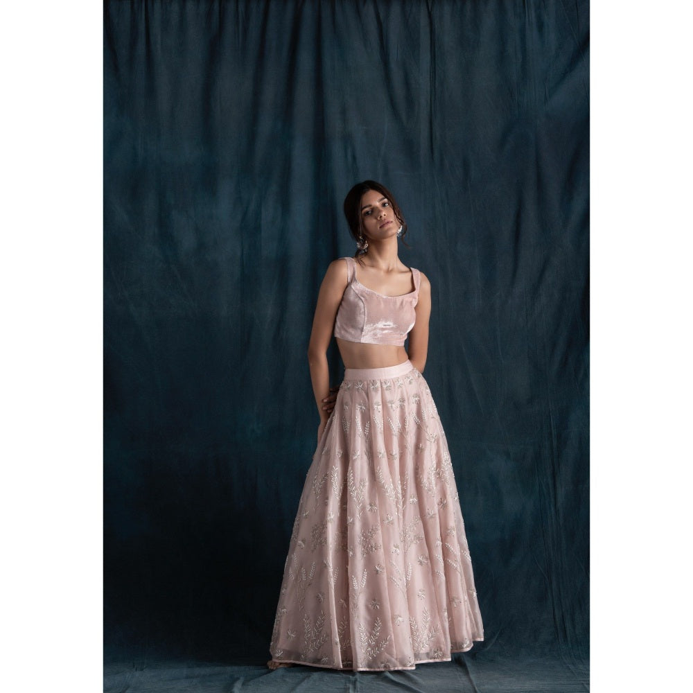 Lavanya Ahuja Blush Organza & Velvet Lehenga & Blouse with Dupatta (Set of 3)
