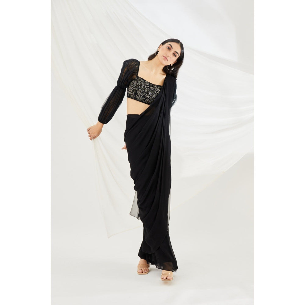 Lavanya Ahuja Midnight Pre-Draped Saree Belt & Petticoat with Stitched Blouse (Set of 4)