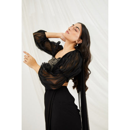 Lavanya Ahuja Midnight Pre-Draped Saree Belt & Petticoat with Stitched Blouse (Set of 4)