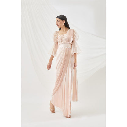 Lavanya Ahuja Blush Ombre Pre-Draped Saree Belt & Petticoat with Stitched Blouse (Set of 4)