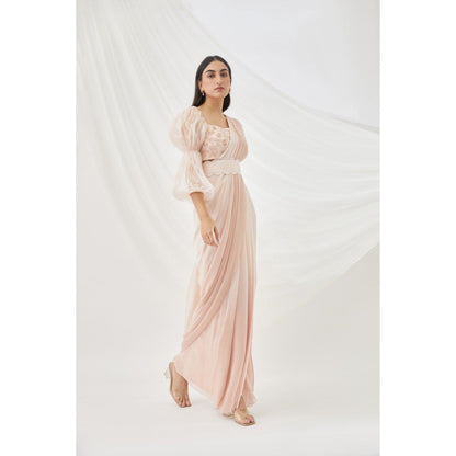 Lavanya Ahuja Blush Ombre Pre-Draped Saree Belt & Petticoat with Stitched Blouse (Set of 4)