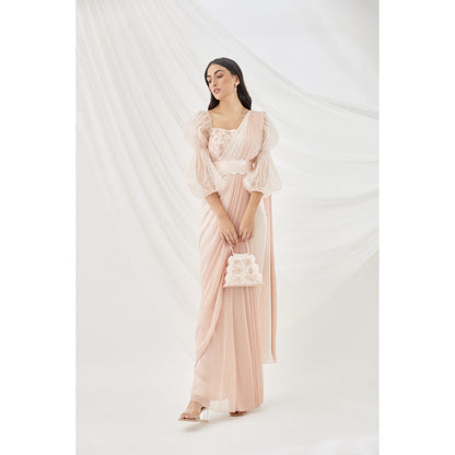 Lavanya Ahuja Blush Ombre Pre-Draped Saree Belt & Petticoat with Stitched Blouse (Set of 4)