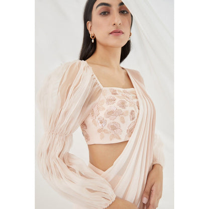 Lavanya Ahuja Blush Ombre Pre-Draped Saree Belt & Petticoat with Stitched Blouse (Set of 4)