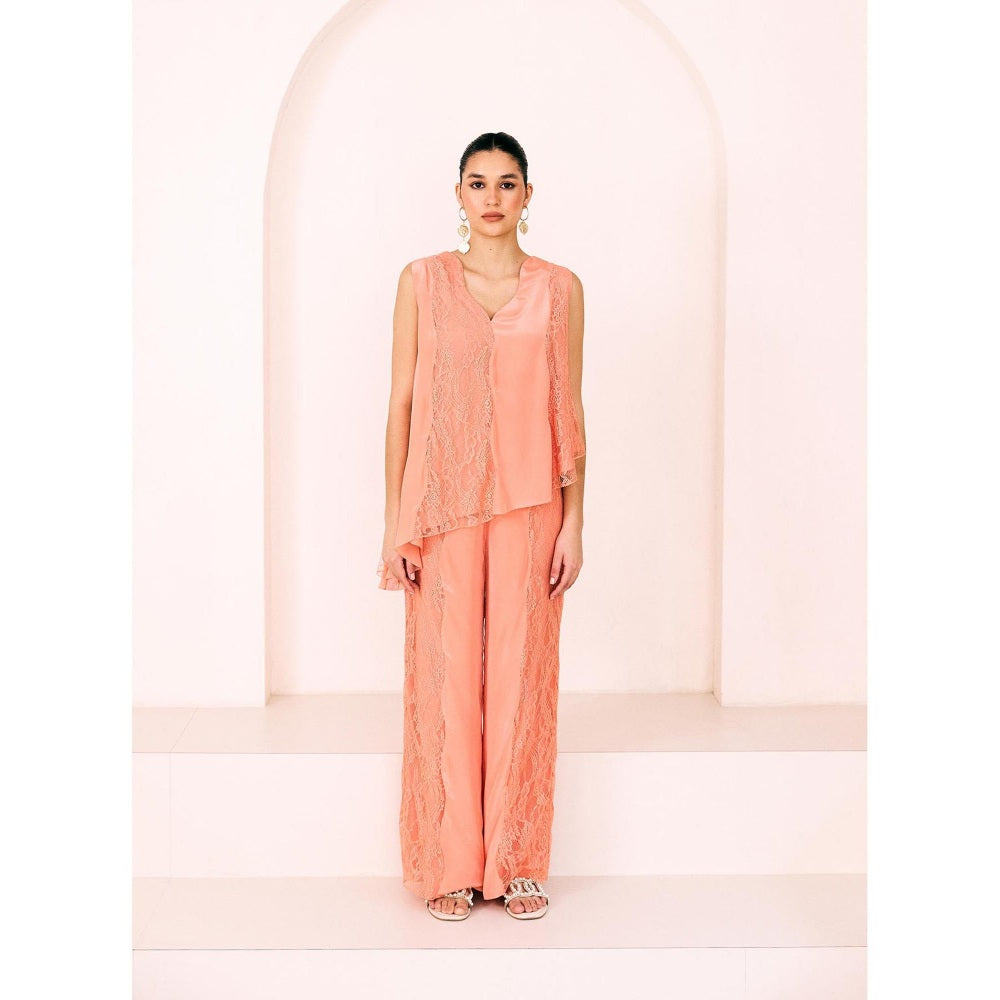 Lavanya Ahuja Peach Sunset Asymmetrical Tunic with Pant (Set of 2)