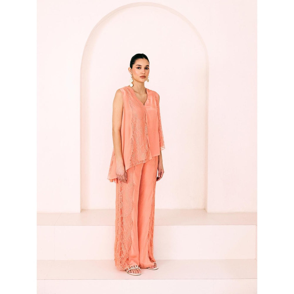 Lavanya Ahuja Peach Sunset Asymmetrical Tunic with Pant (Set of 2)
