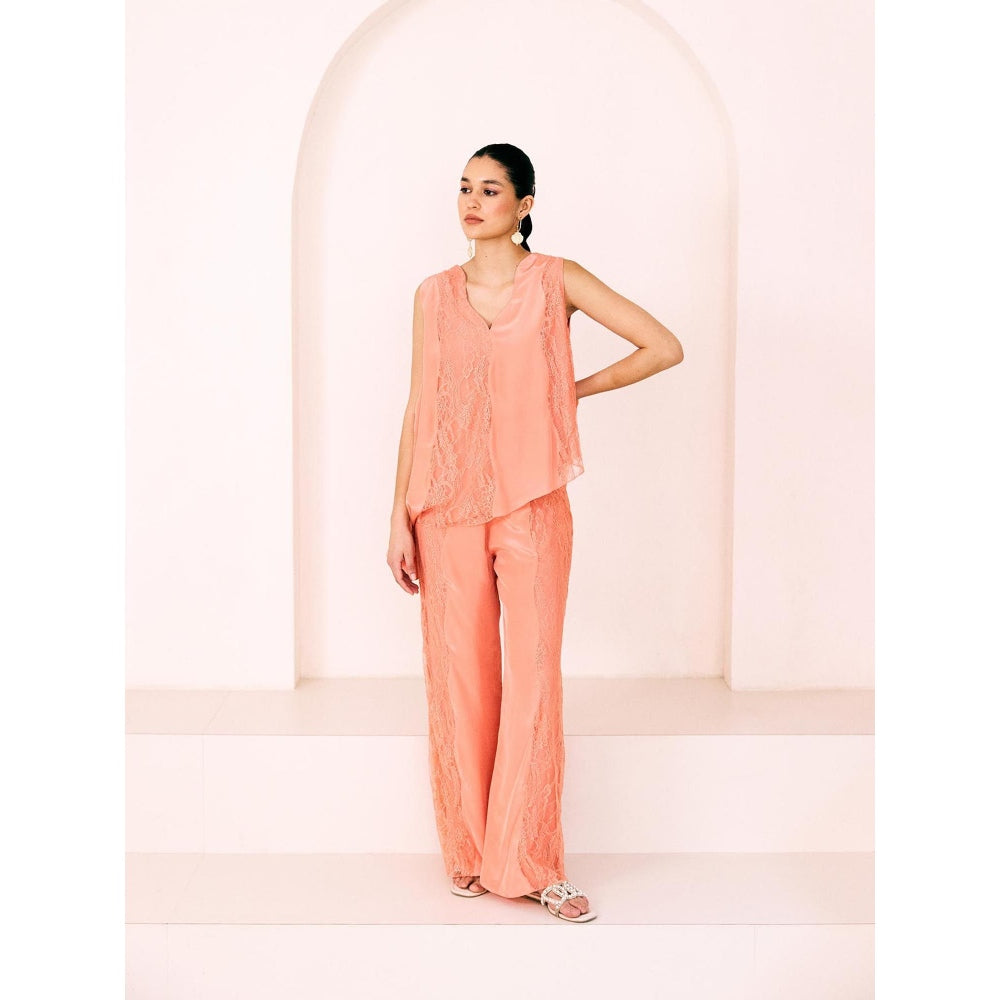 Lavanya Ahuja Peach Sunset Asymmetrical Tunic with Pant (Set of 2)