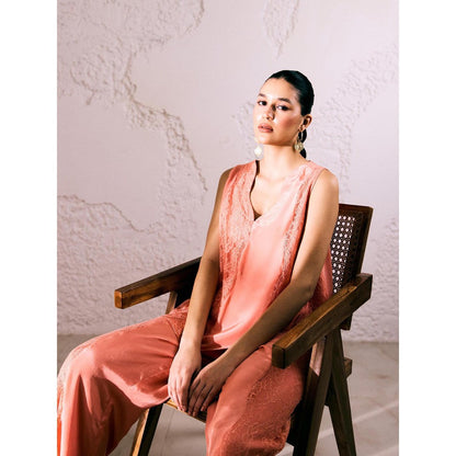 Lavanya Ahuja Peach Sunset Asymmetrical Tunic with Pant (Set of 2)