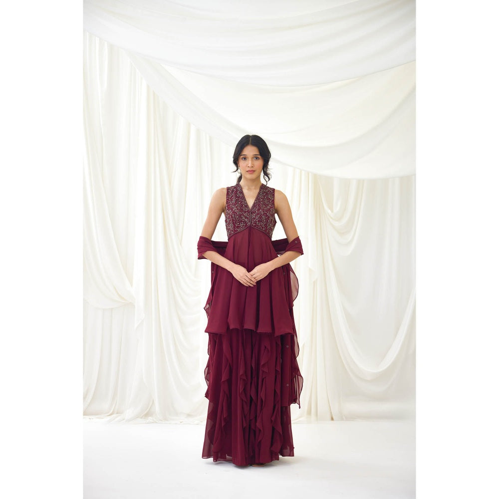 Lavanya Ahuja Burgundy Sharara with Peplum Top and Dupatta (Set of 3)