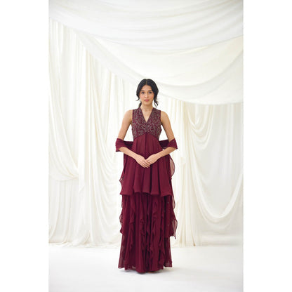 Lavanya Ahuja Burgundy Sharara with Peplum Top and Dupatta (Set of 3)