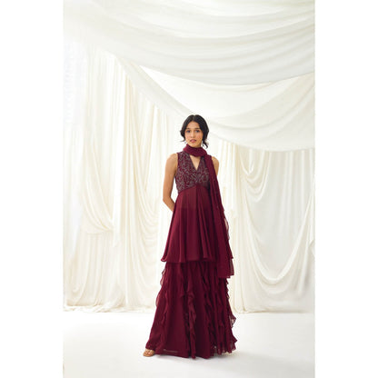 Lavanya Ahuja Burgundy Sharara with Peplum Top and Dupatta (Set of 3)