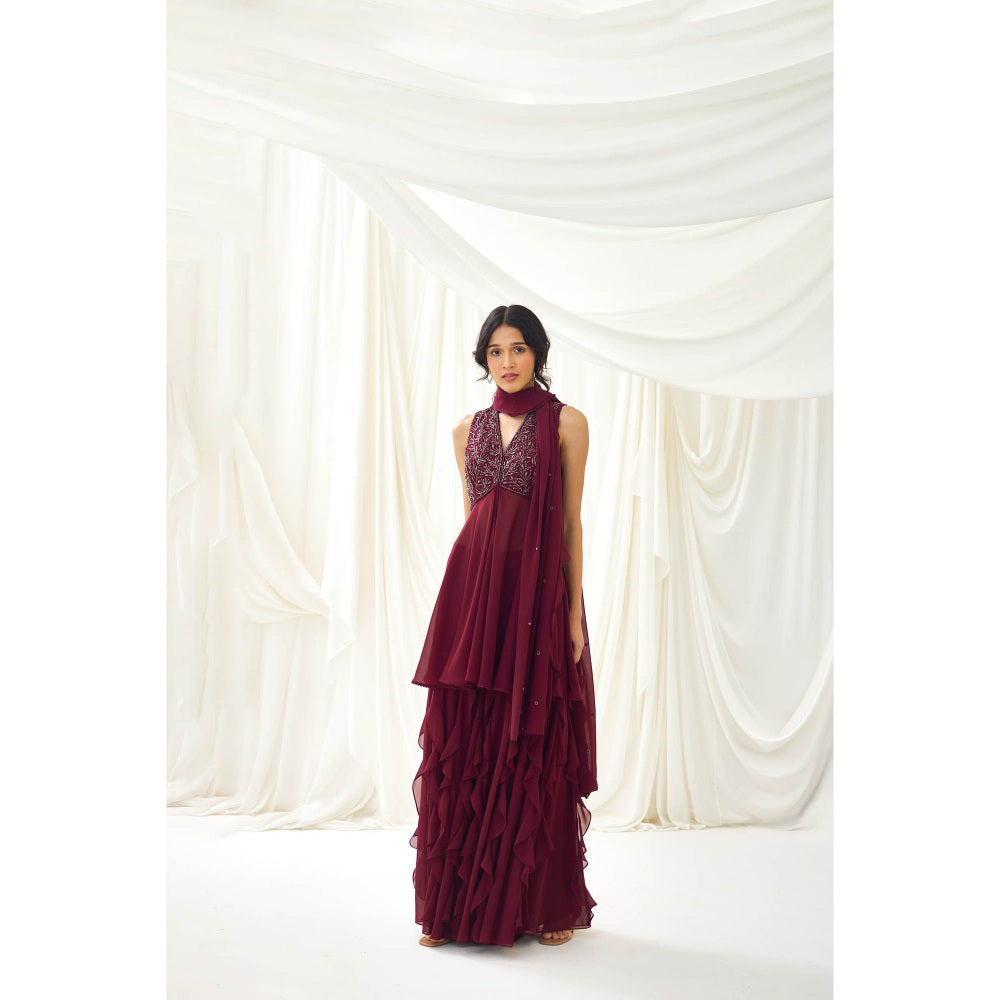 Lavanya Ahuja Burgundy Sharara with Peplum Top and Dupatta (Set of 3)