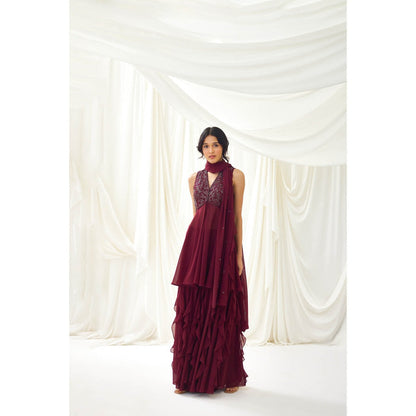 Lavanya Ahuja Burgundy Sharara with Peplum Top and Dupatta (Set of 3)
