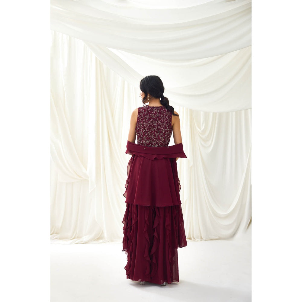Lavanya Ahuja Burgundy Sharara with Peplum Top and Dupatta (Set of 3)